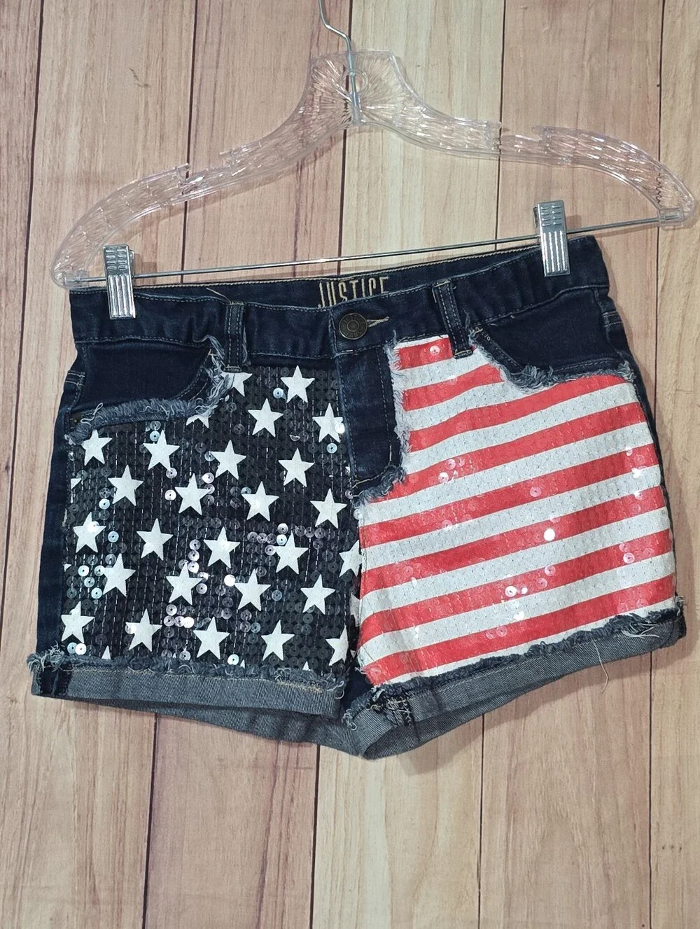 Justice Shorts American Flag Blue Denim Frayed Hem Girls Size 16 Shorts